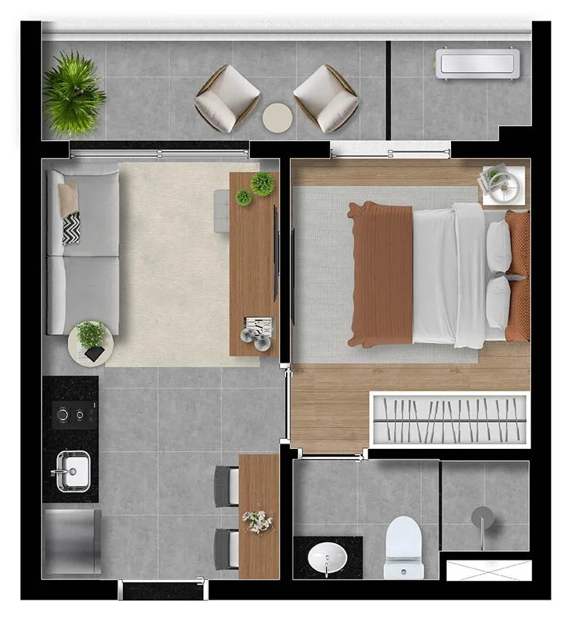 Planta do Elements Higienópolis em Higienópolis — 1 dormitório – 29,23 m²