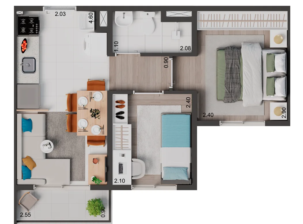 Planta do Elev Park Sacomã II em Vila Dom Pedro I — 2 dormitórios, 34 m²