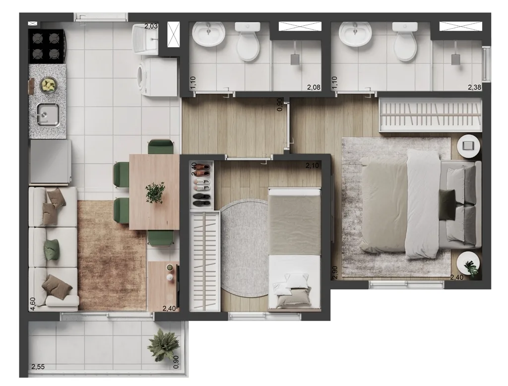 Planta do Elev Park Sacomã II em Vila Dom Pedro I — 2 dormitórios, 37 m²