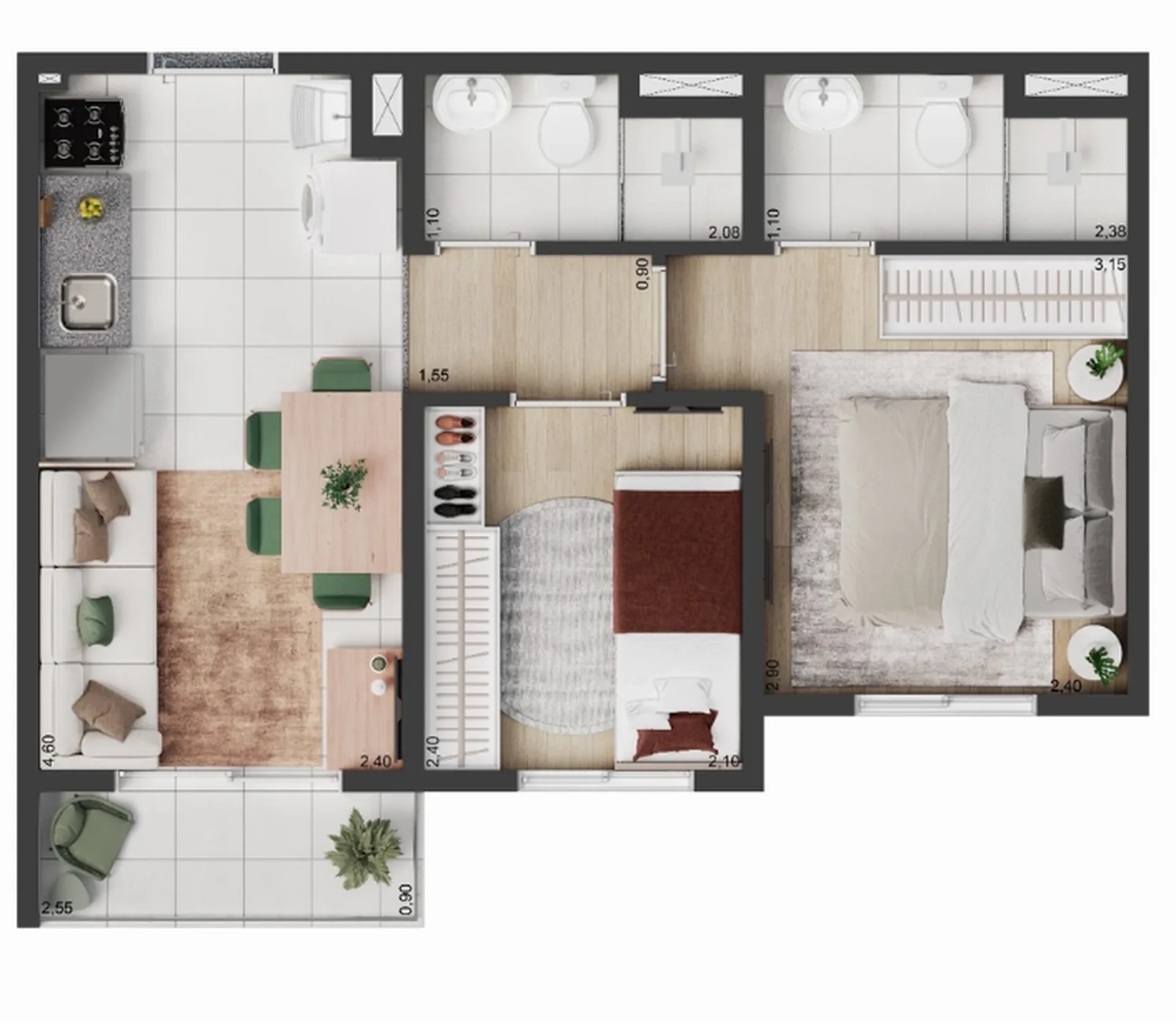 Planta do Elev Park Sacomã III em Ipiranga — 2 dormitórios, 37 m²