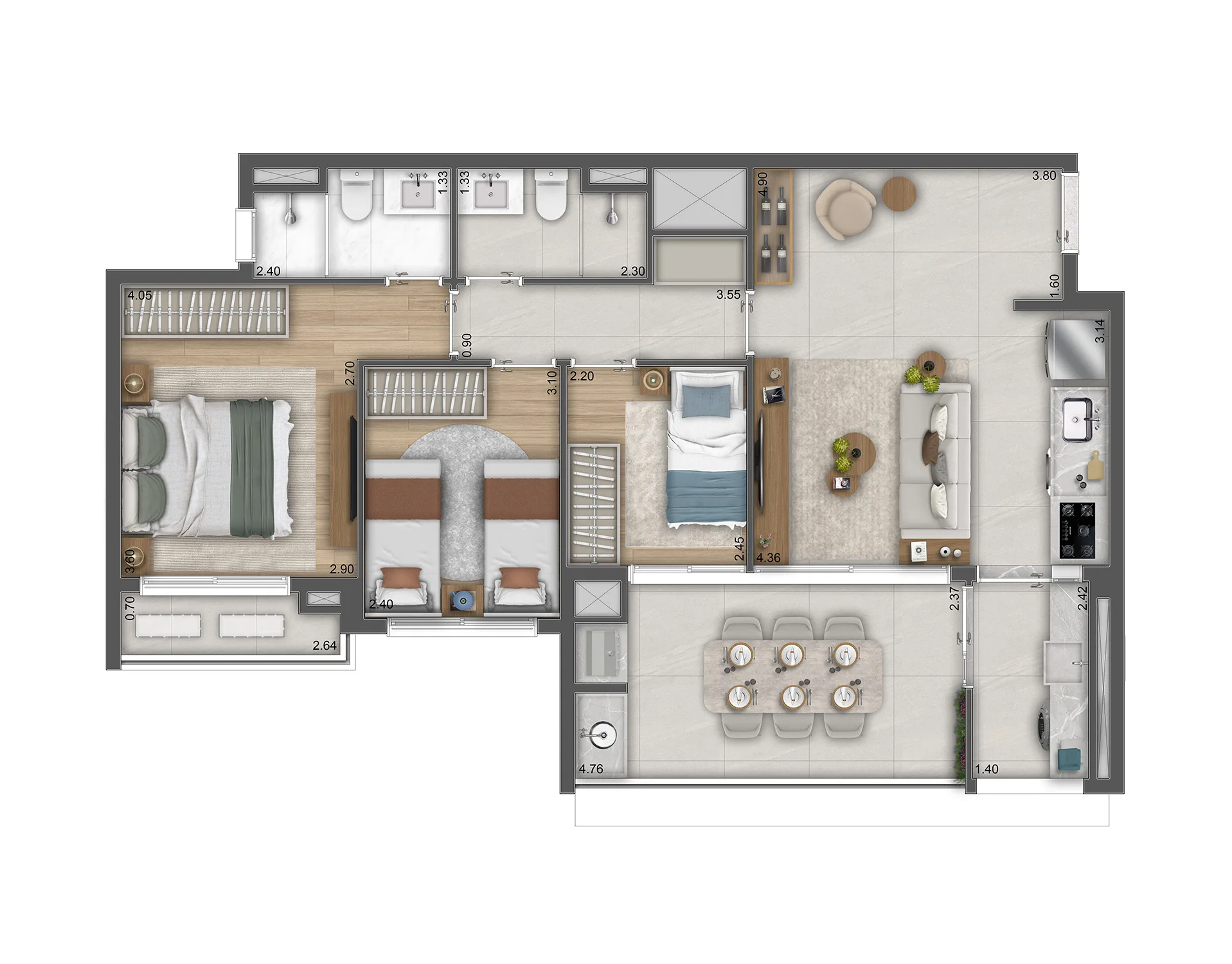 Planta do Essência Brasileira em Pinheiros — 3 dormitórios, 85 m²
