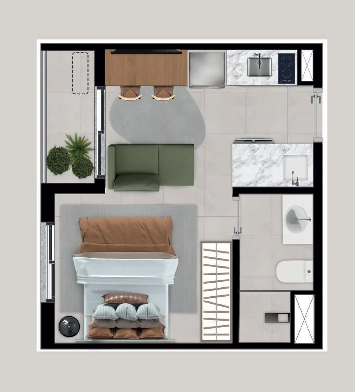 Planta do Essencial Faria Lima em Pinheiros — studio de 24 m²