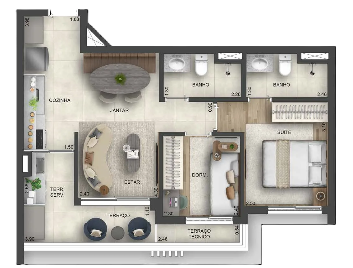 Planta do Essencialle em Saúde — 2 dormitórios – 55,49 m²