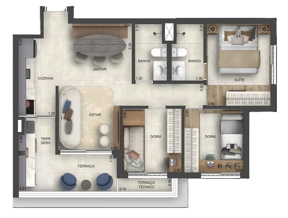 Planta do Essencialle em Saúde — 3 dormitórios – 69,53 m²