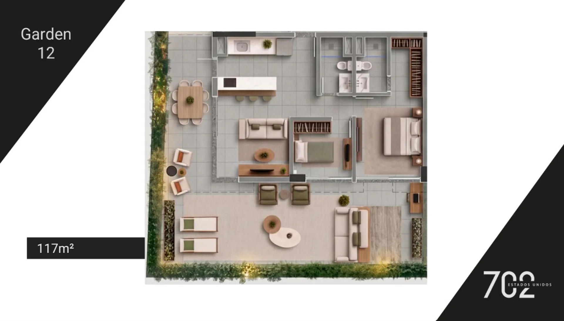 Planta do Estados Unidos 702 em Jardim América — 1 dormitório – 117 m² Garden