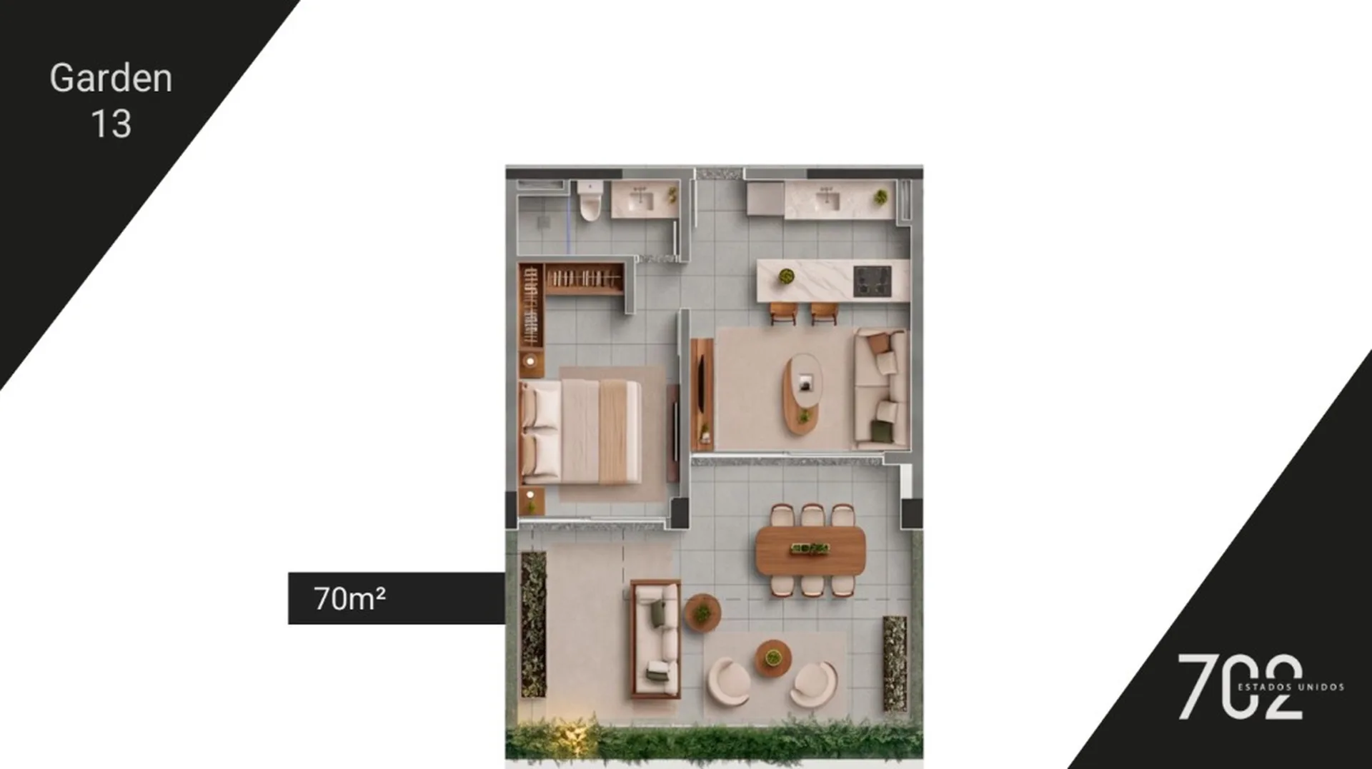 Planta do Estados Unidos 702 em Jardim América — 1 dormitório – 70 m² Garden