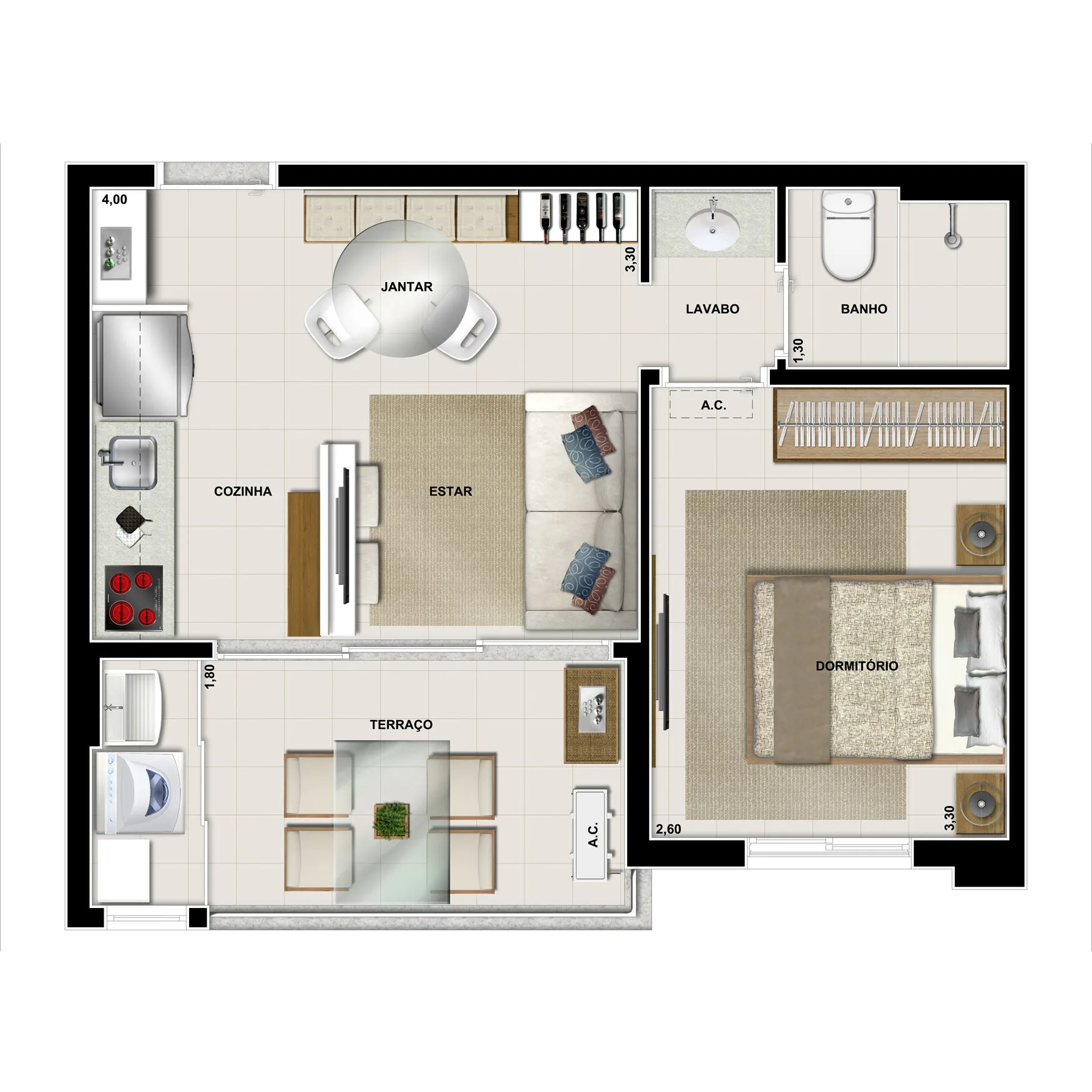 Planta do Ext Praça Morumbi em Morumbi — 1 dormitório, 38 m²