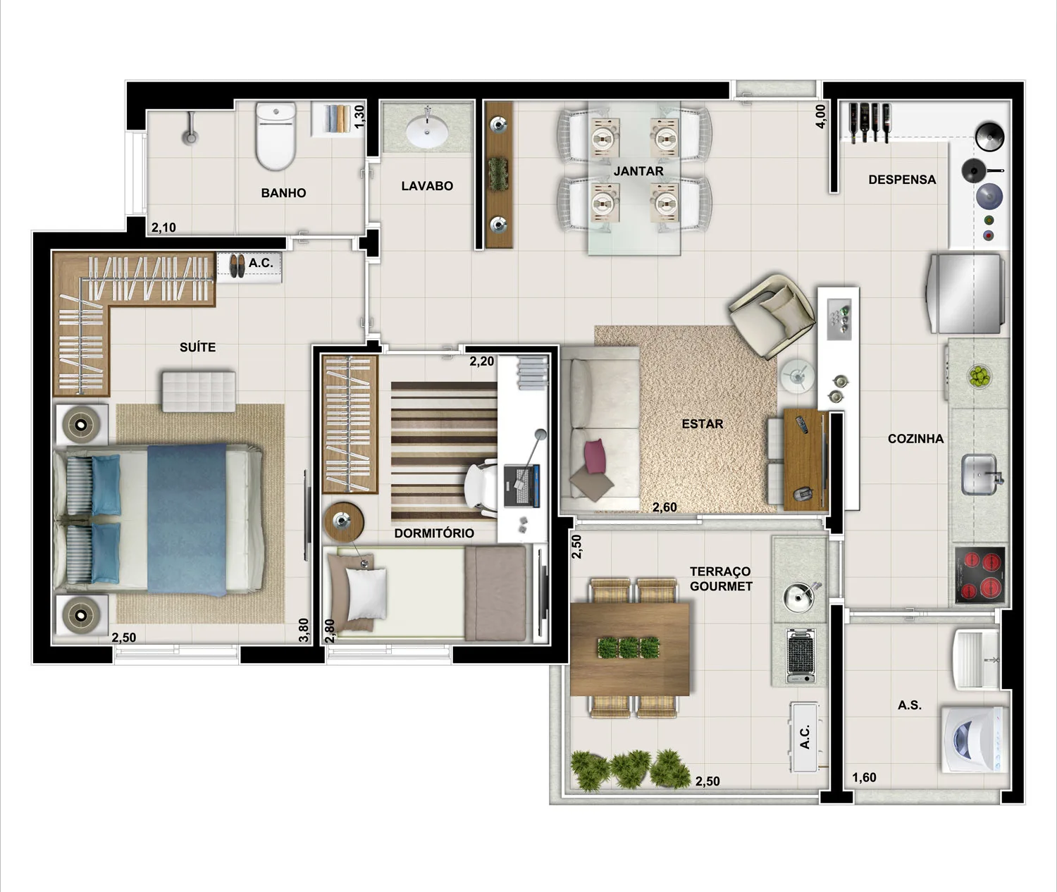 Planta do Ext Praça Morumbi em Morumbi — 2 dormitórios, 58 m²