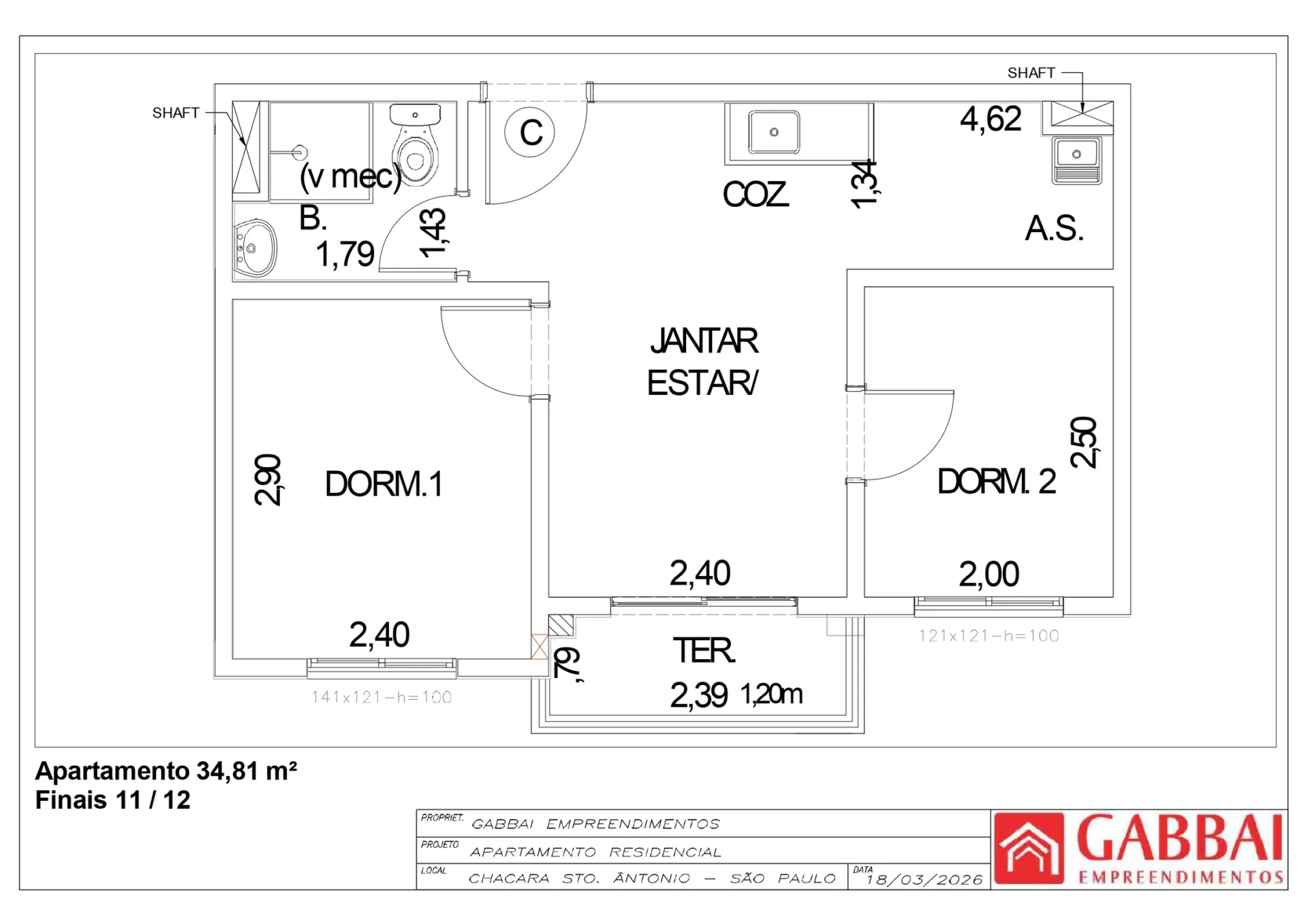 Planta do Gabbai Chácara Santo Antônio — 2 dormitórios – 34,81 m²