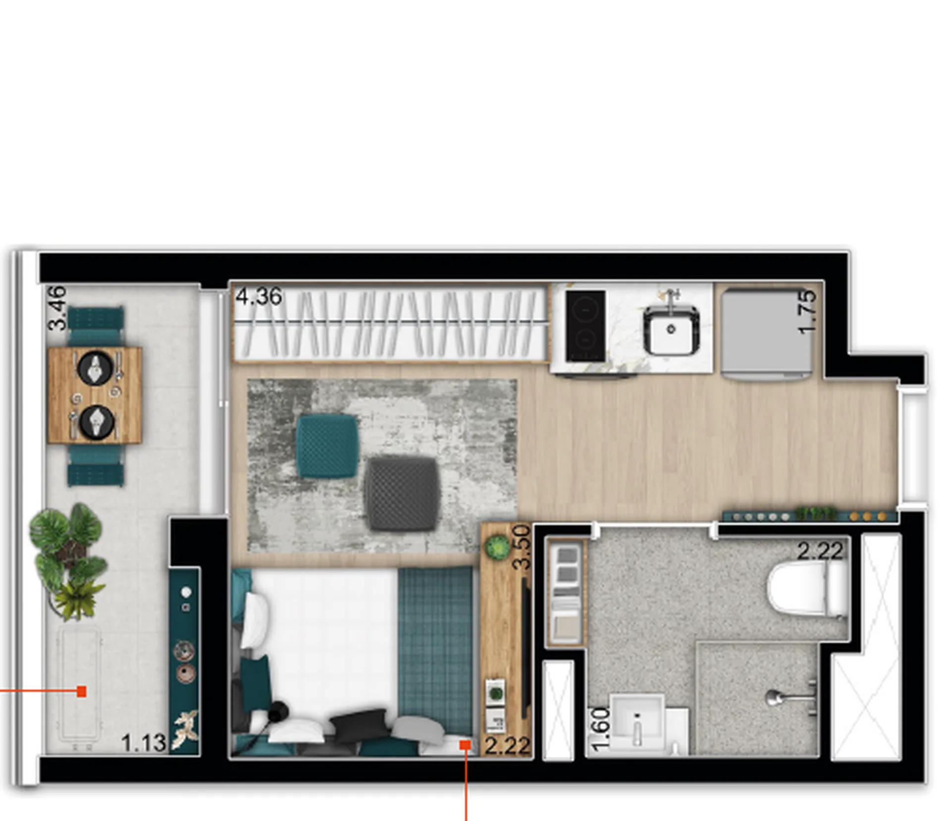 Planta do Galleria SP em Vila Buarque — studio de 23 m²