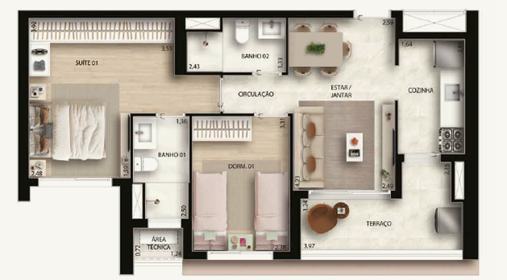 Planta do Garden Design Private Park Residence em Lapa — 2 dormitórios, 62 m²
