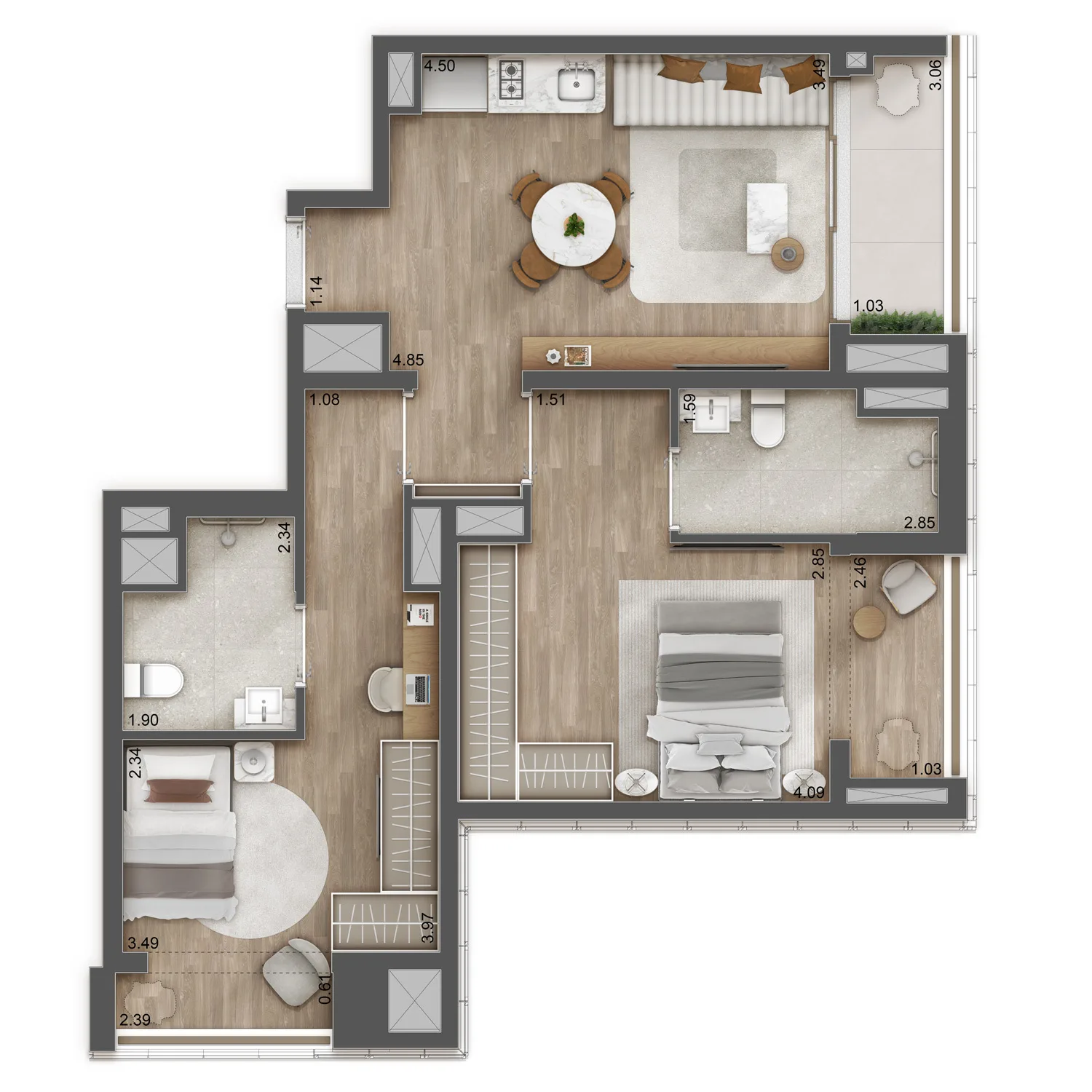 Planta do GIO Jardins em Jardim América — 2 dormitórios – 77 m²