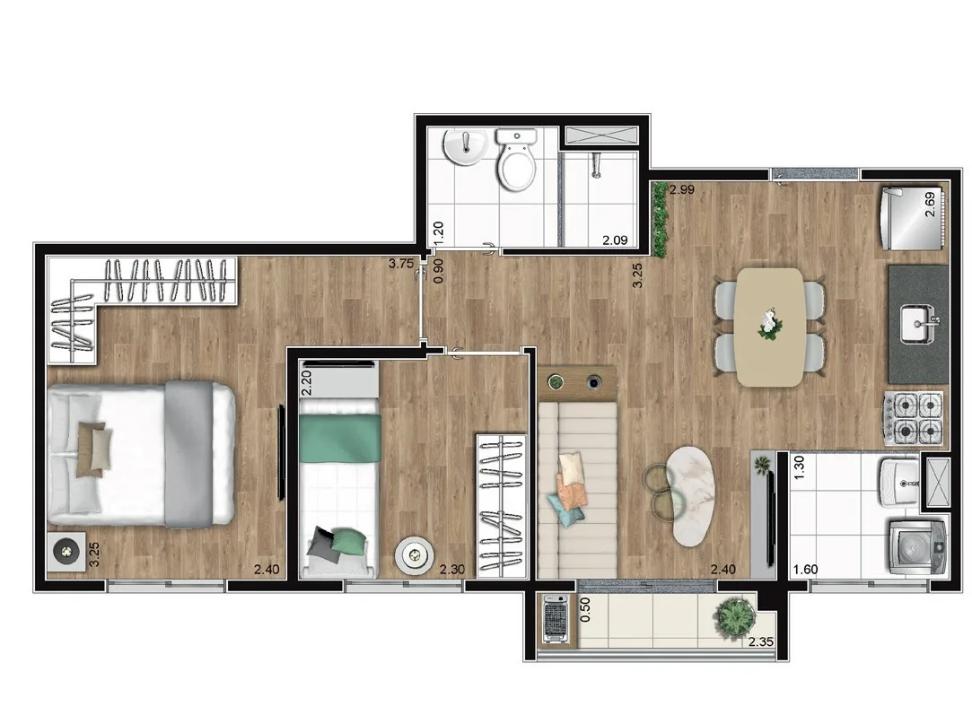 Planta do Gran Kazzas Botanic em Jabaquara — 2 dormitórios, 39 m²