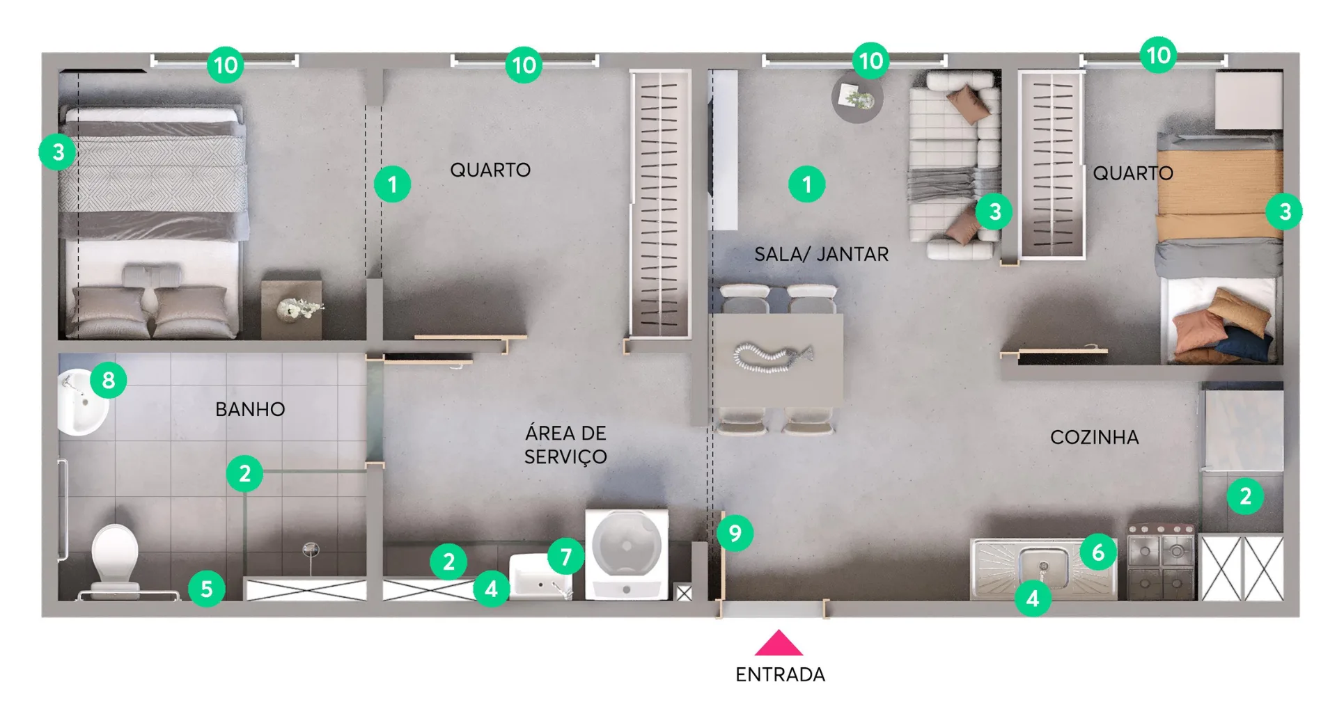 Planta do Gran Vista Itaquera – Fase 1 em Itaquera — 2 dormitórios, 45,74 m²