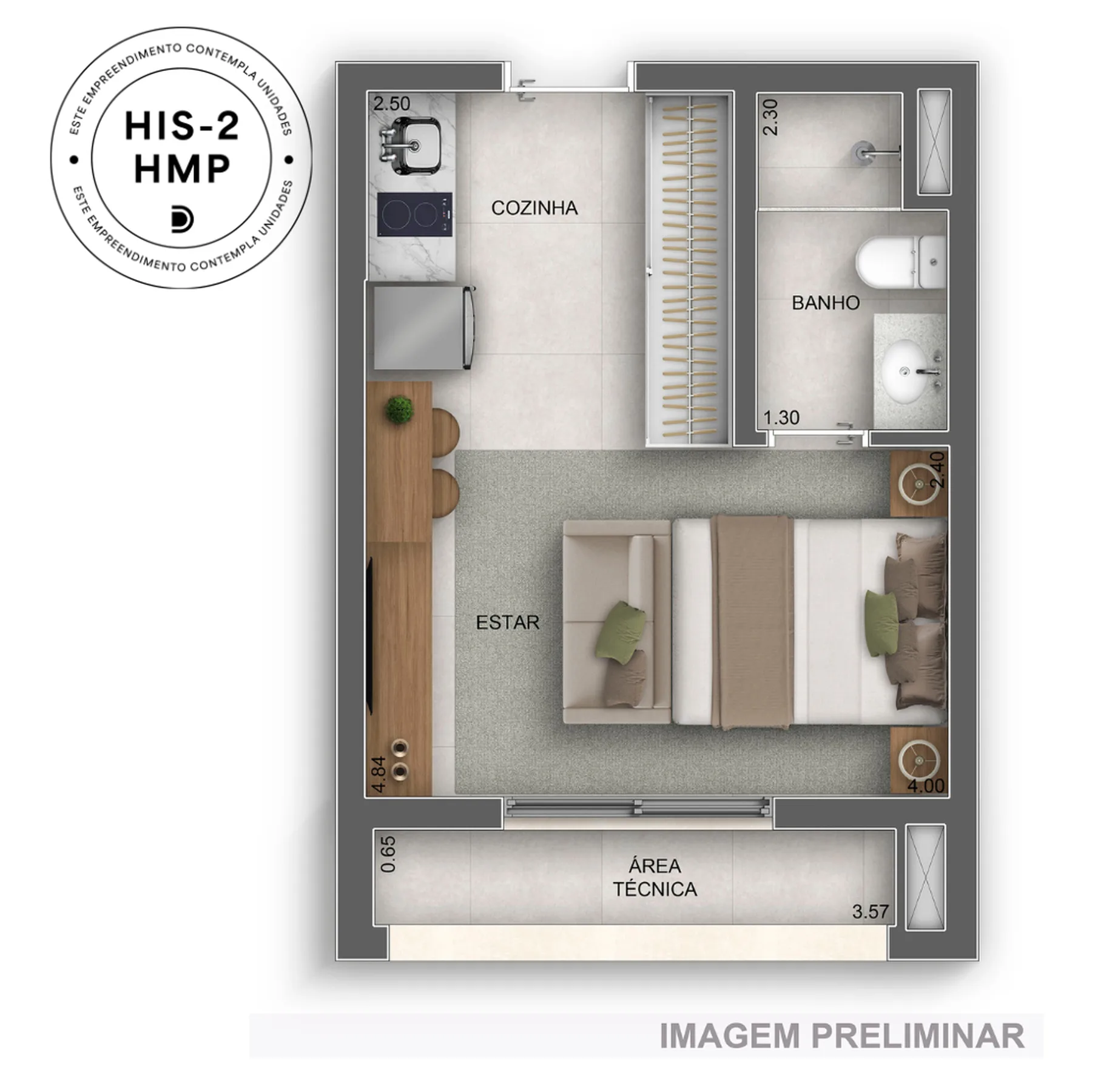 Planta do GranDiálogo Parque da Mooca Home Spaces em Mooca — 1 dormitório – 25 m² Studio