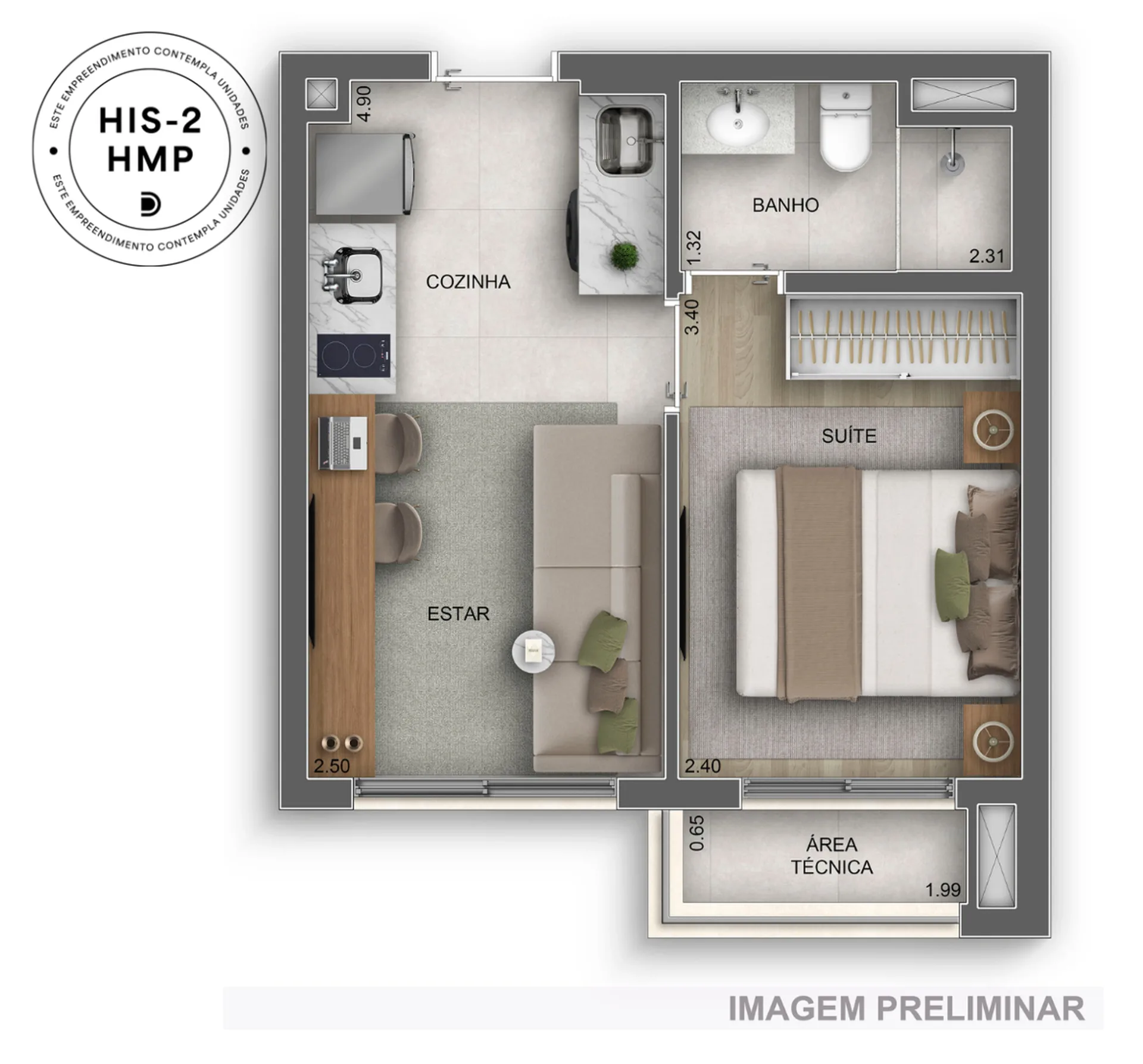 Planta do GranDiálogo Parque da Mooca Home Spaces em Mooca — 1 dormitório – 30 m²