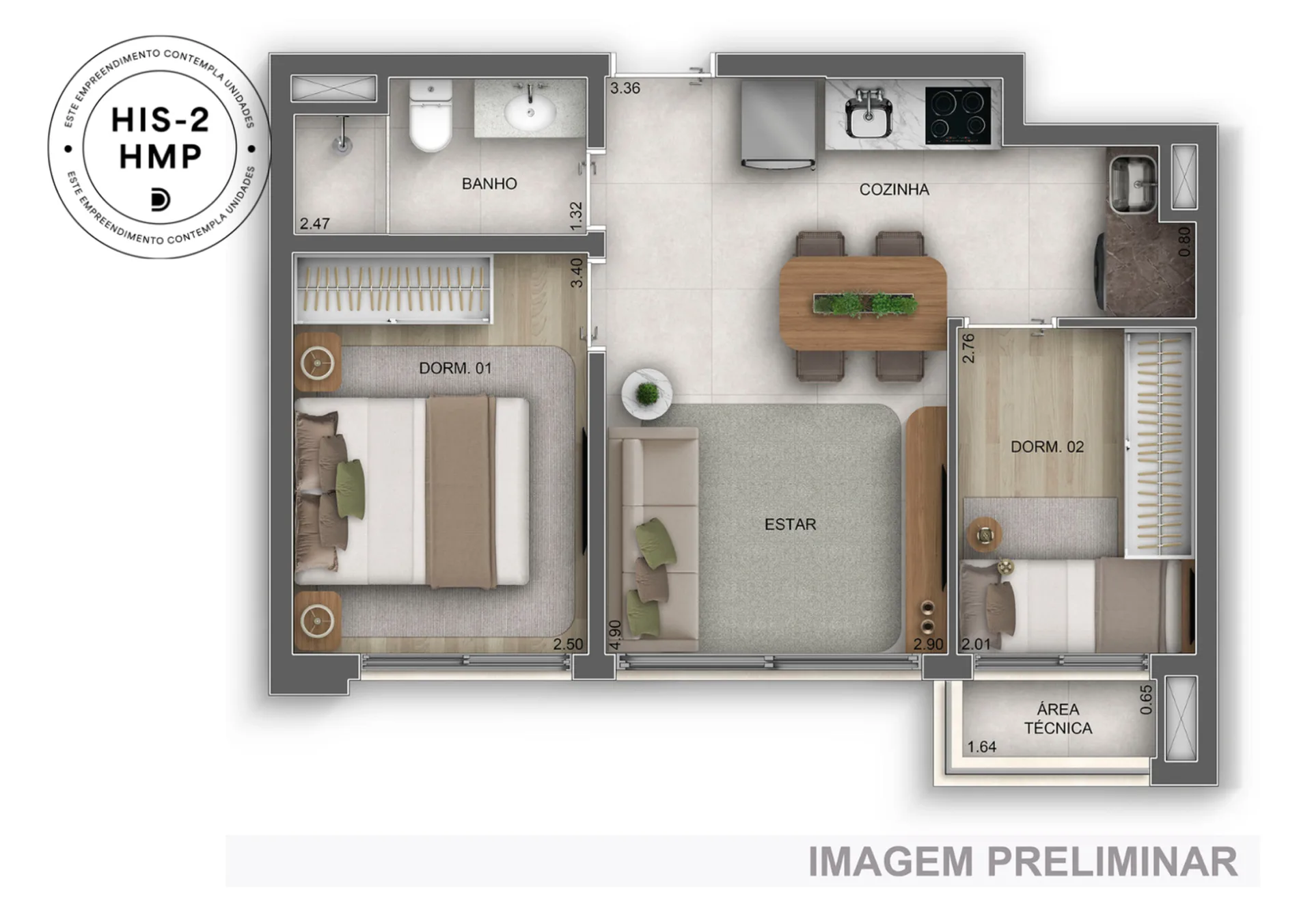 Planta do GranDiálogo Parque da Mooca Home Spaces em Mooca — 2 dormitórios – 43 m²