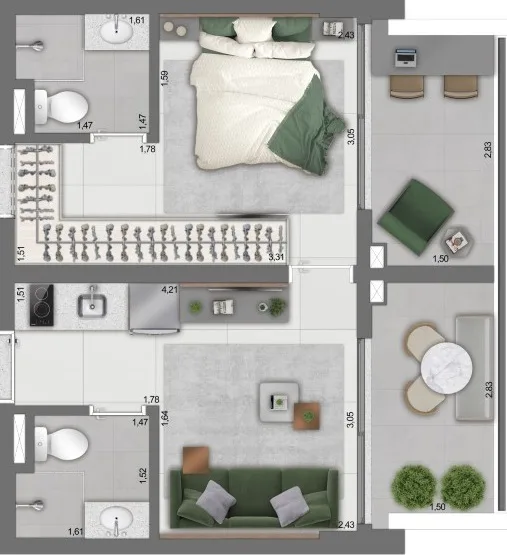 Planta do Handy Paraíso em Paraíso — 1 dormitório, 41 m²