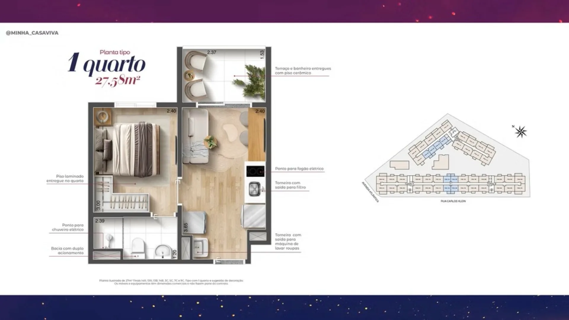 Planta do History Atlântica em Socorro — 1 dormitório, 27,58 m²