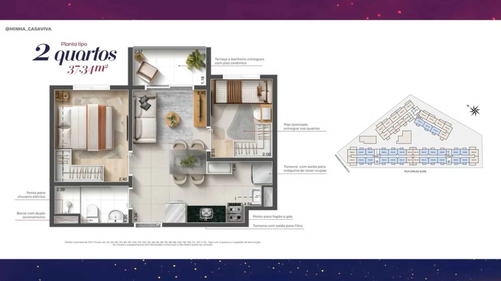 Planta do History Atlântica em Socorro — 2 dormitórios, 37,34 m²