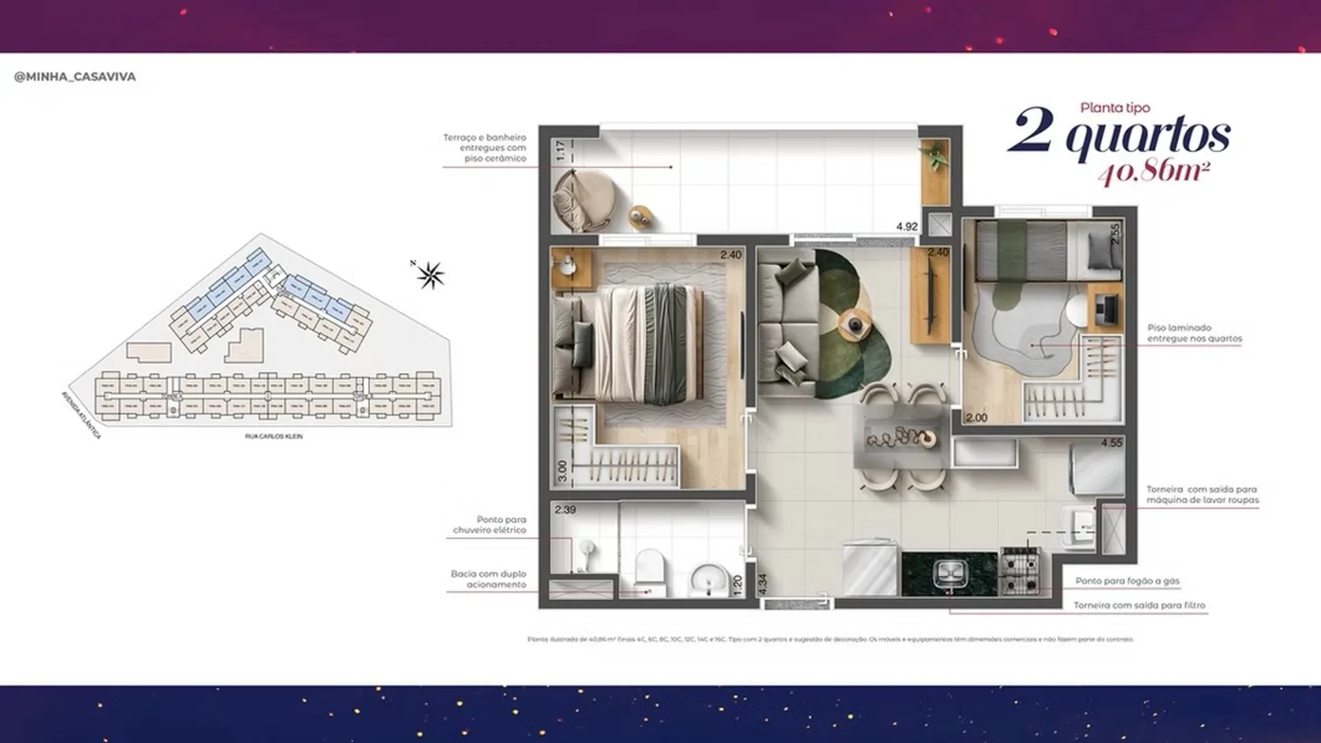 Planta do History Atlântica em Socorro — 2 dormitórios, 40,86 m²