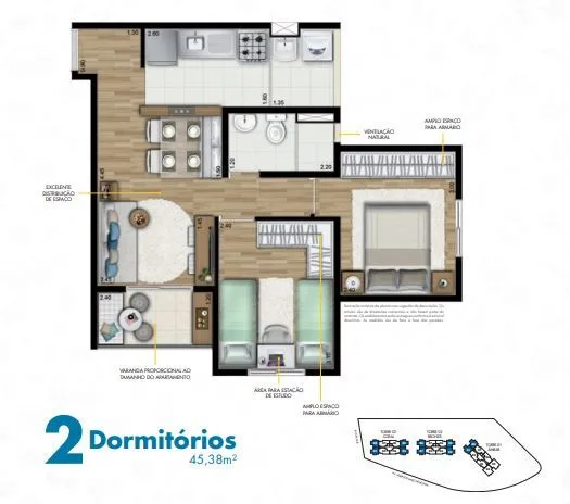 Planta do HomeClub Carrão em Vila Carrão — 2 dormitórios, 45 m²