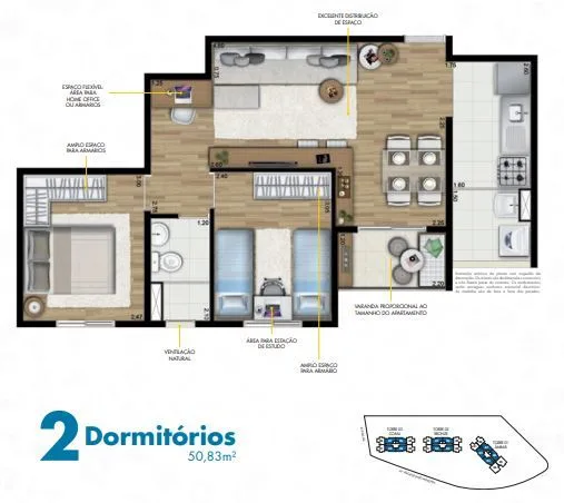 Planta do HomeClub Carrão em Vila Carrão — 2 dormitórios, 50 m²