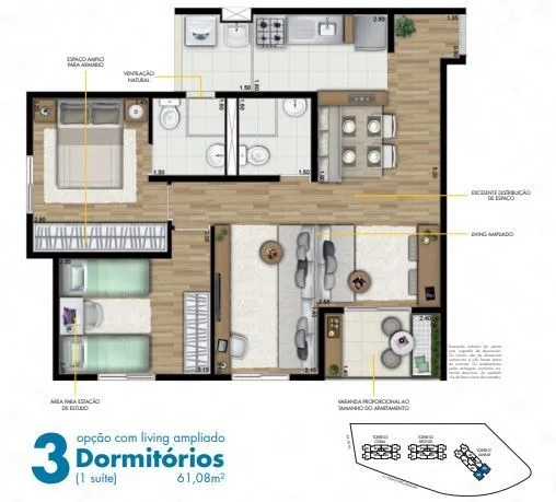 Planta do HomeClub Carrão em Vila Carrão — 3 dormitórios, 61 m²