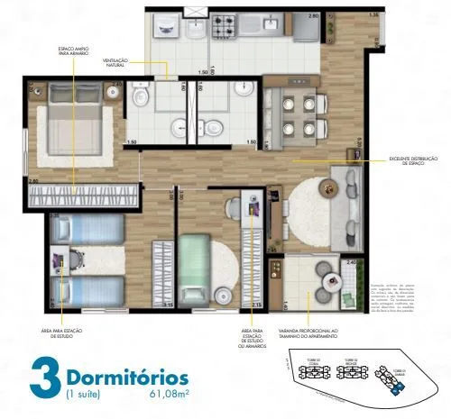 Planta do HomeClub Carrão em Vila Carrão — 3 dormitórios, 61 m²