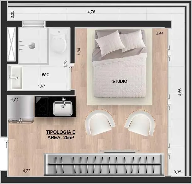 Planta do Impetus em Vila Ema — studio de 25 m²