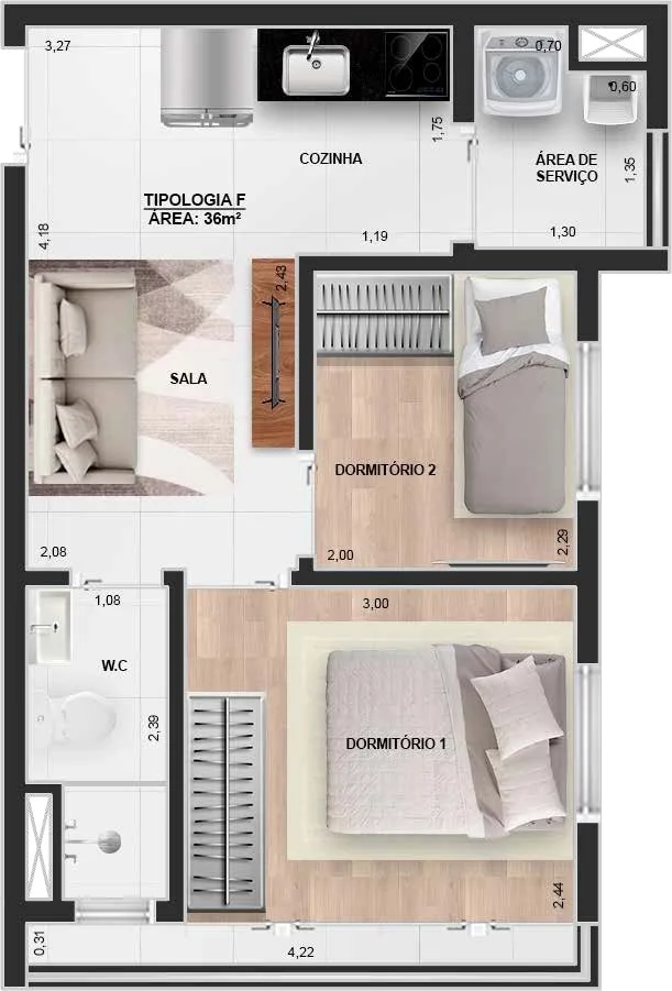 Planta do Impetus em Vila Ema — 2 dormitórios, 36 m²