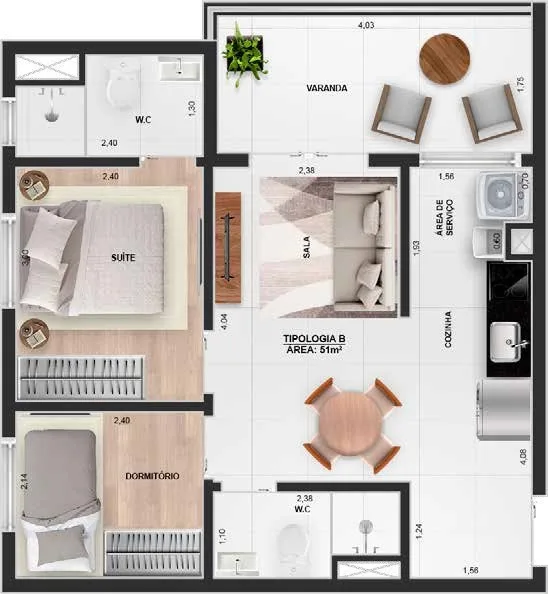 Planta do Impetus em Vila Ema — 2 dormitórios, 51 m²