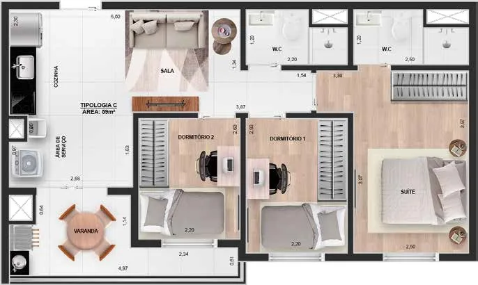 Planta do Impetus em Vila Ema — 3 dormitórios, 59 m²