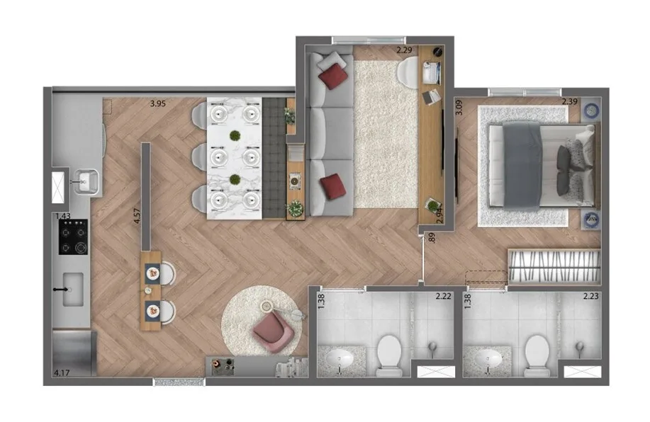 Planta do ix. Tatuapé em Tatuapé — 1 dormitório, 46,66 m² (opção)