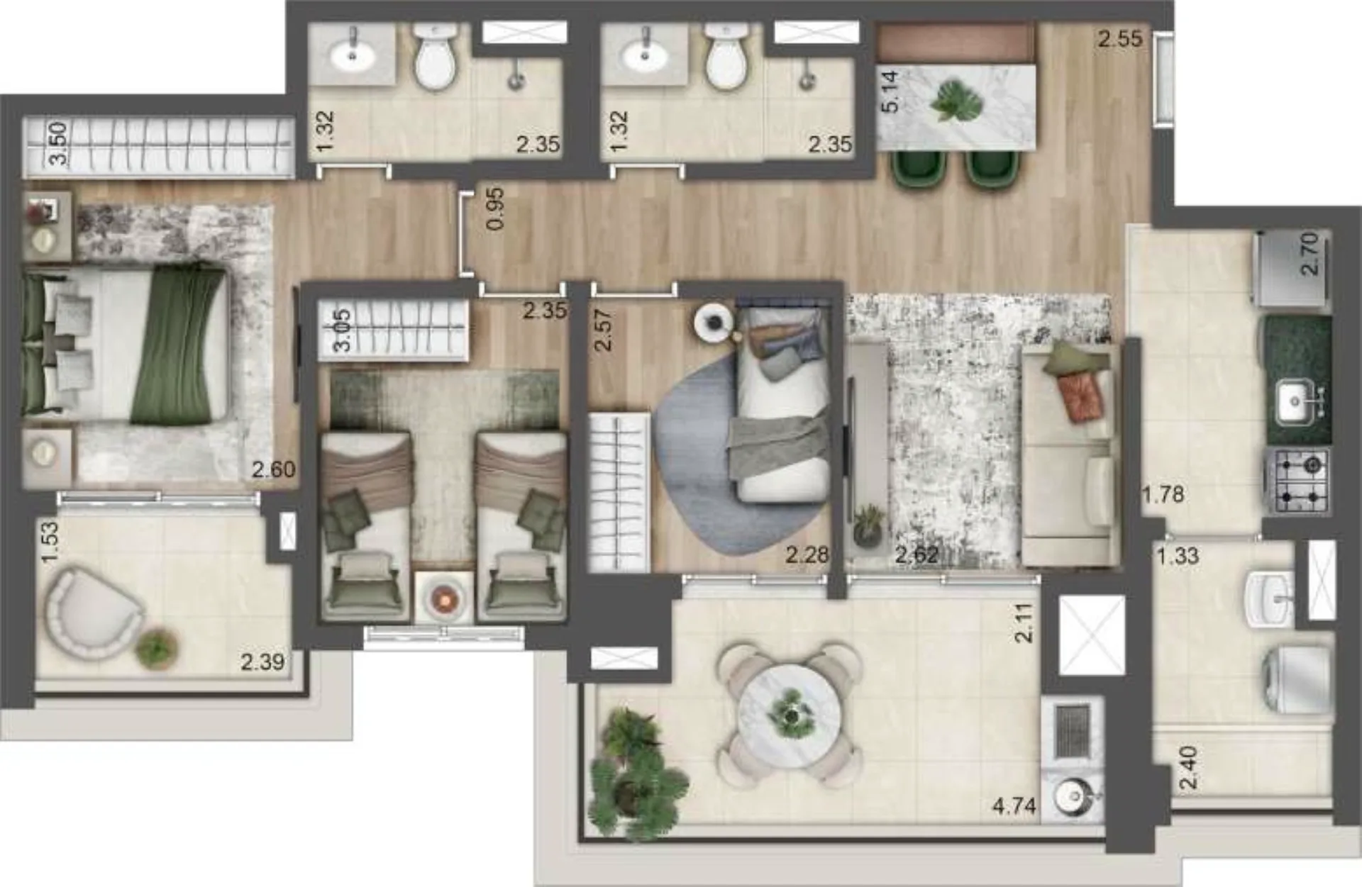 Planta do Jardins da Hípica em Santo Amaro — 3 dormitórios, 84 m²