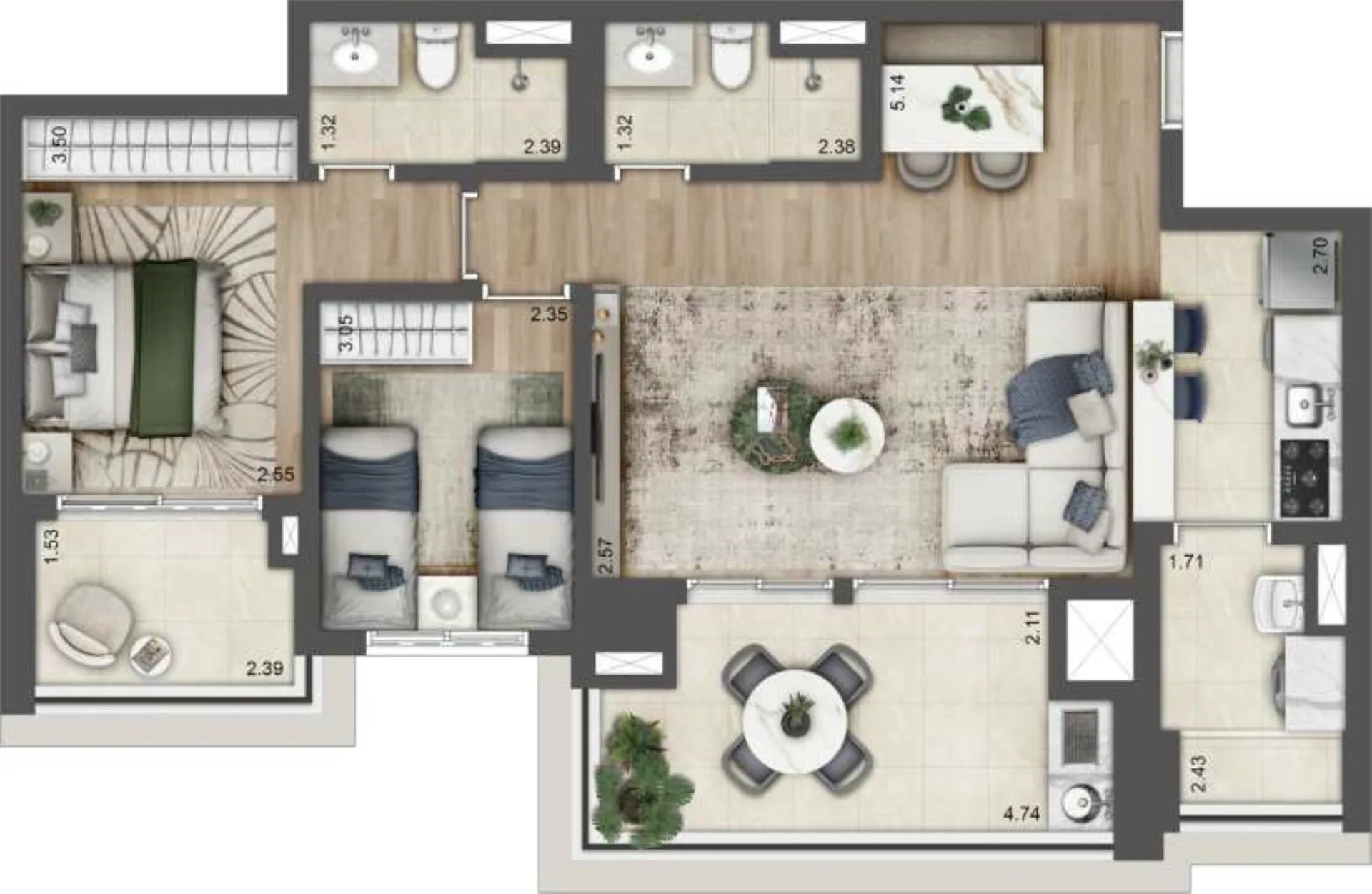 Planta do Jardins da Hípica em Santo Amaro — 2 dormitórios, 84 m² (opção)