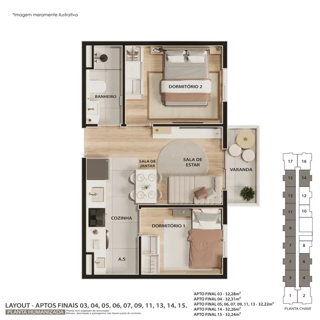 Planta do Jardins de Leiria em Itaquera — 2 dormitórios, 32,24 m²