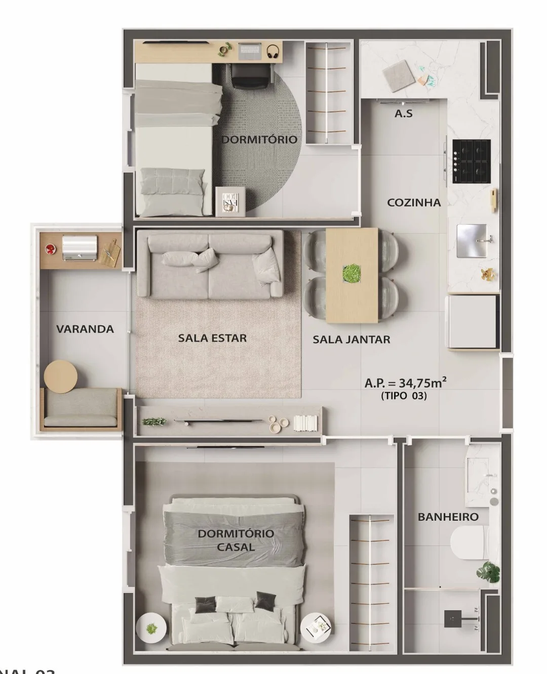 Planta do Jardins de Mafra em Itaquera — 2 dorm. 34,75 m²