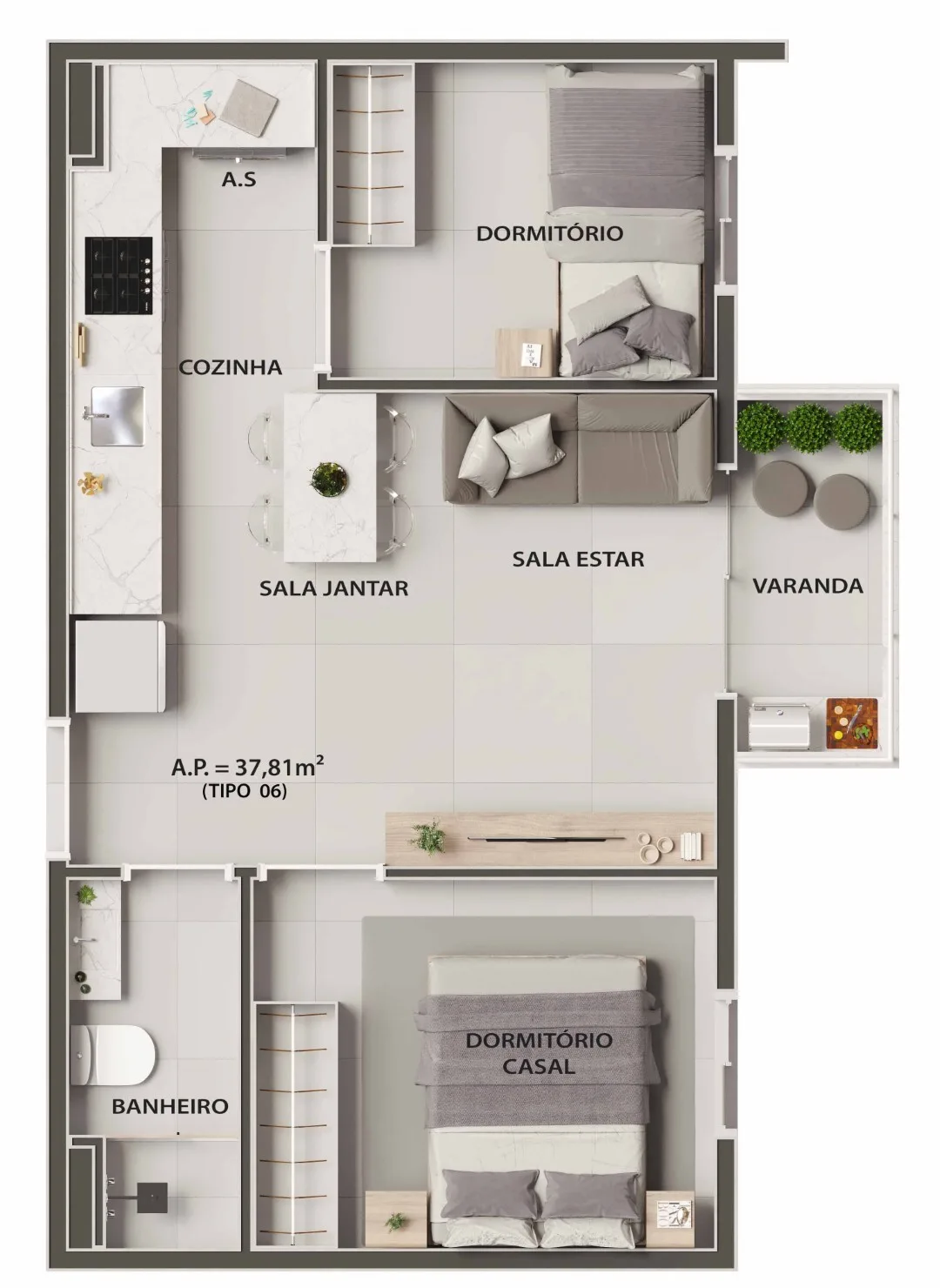 Planta do Jardins de Mafra em Itaquera — 2 dorm. 37,81 m²