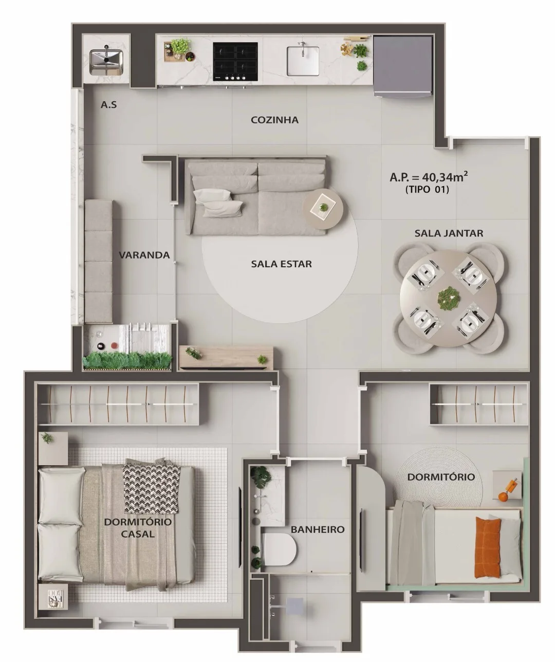 Planta do Jardins de Mafra em Itaquera — 2 dorm. 40,34 m²