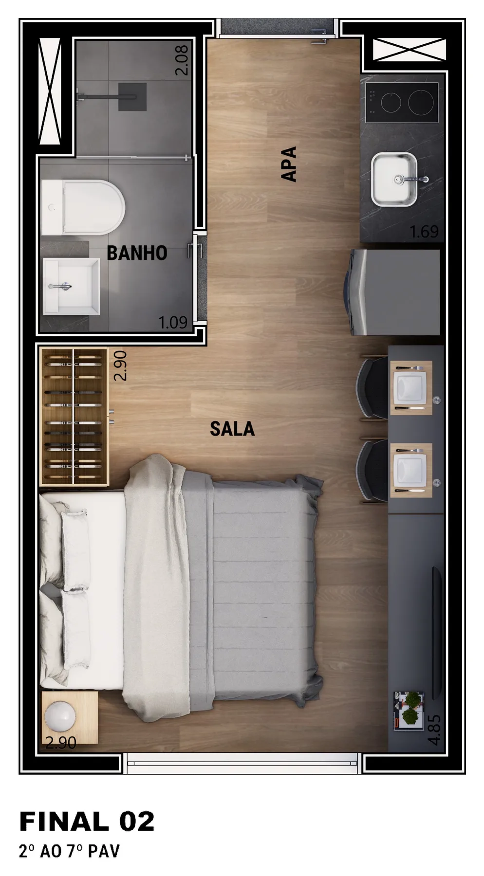Planta do Joy Vila Mariana em Vila Mariana — studio de 16,84 m²