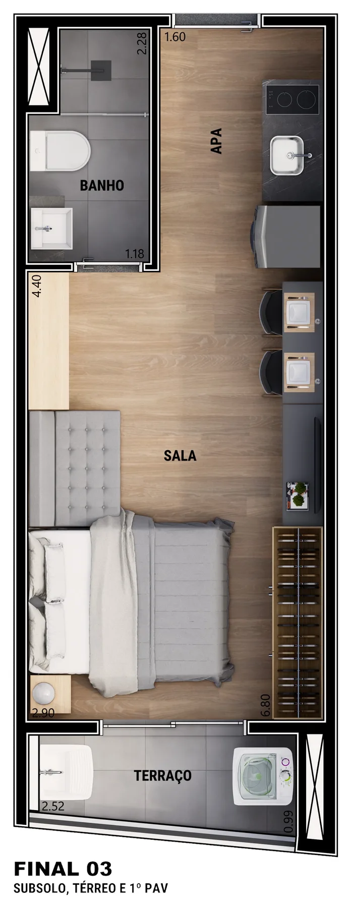 Planta do Joy Vila Mariana em Vila Mariana — studio de 24,90 m²