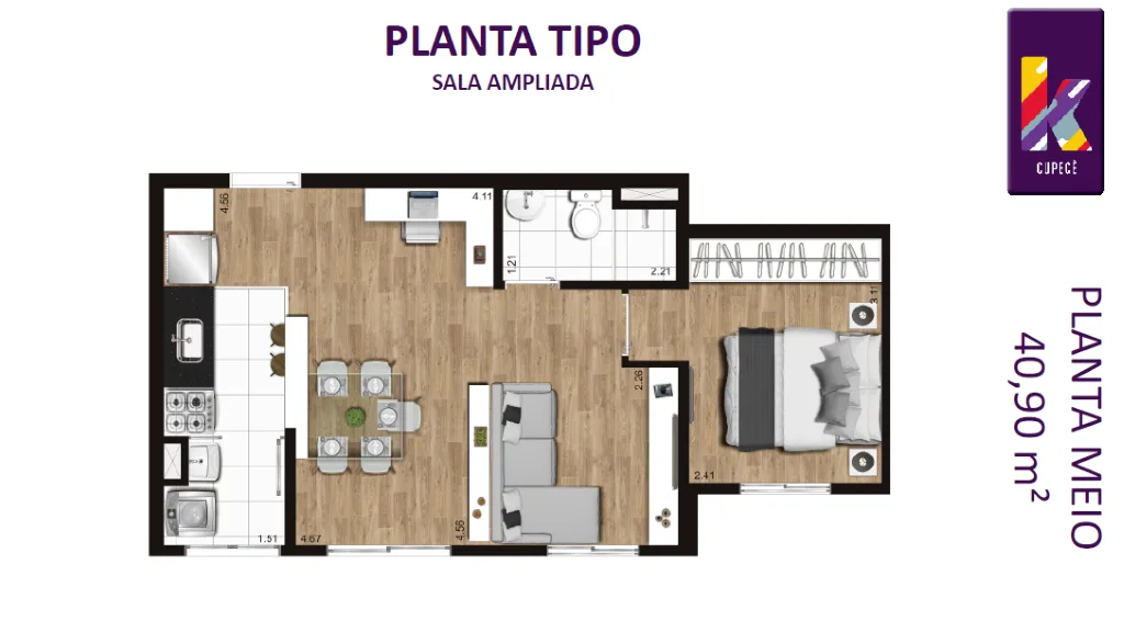 Planta do K Cupecê em Cupecê — 1 dormitório, 40,90 m² (opção)