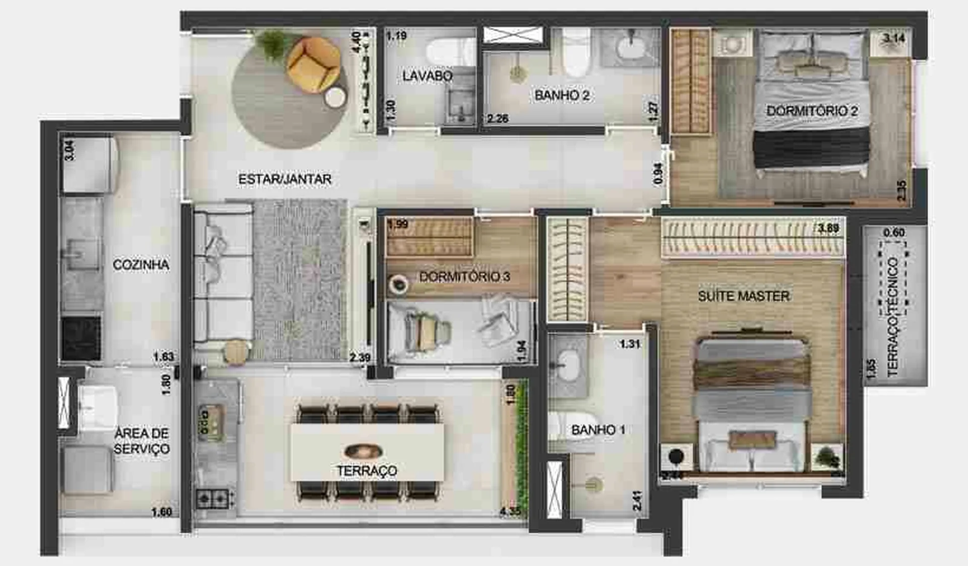 Planta do Kaslik Ibirapuera em Vila Mariana — 3 dormitórios, 65 m²