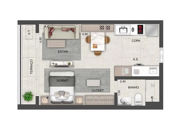 Planta do Ledge Brooklin em Brooklin — 1 dormitório – 40 m² Studio