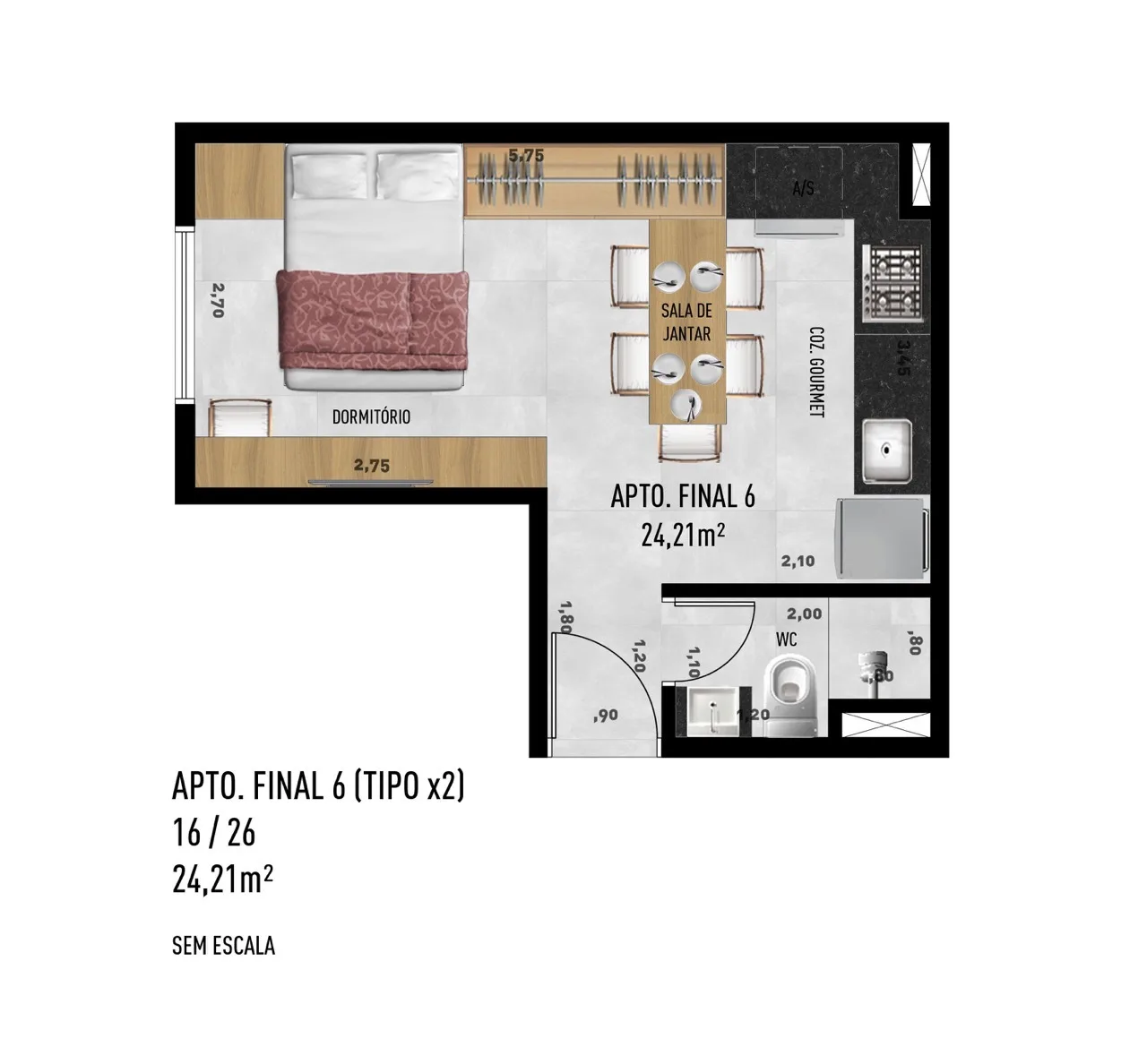 Planta do Levon em Vila Sônia — 1 dormitório, 24,21 m²