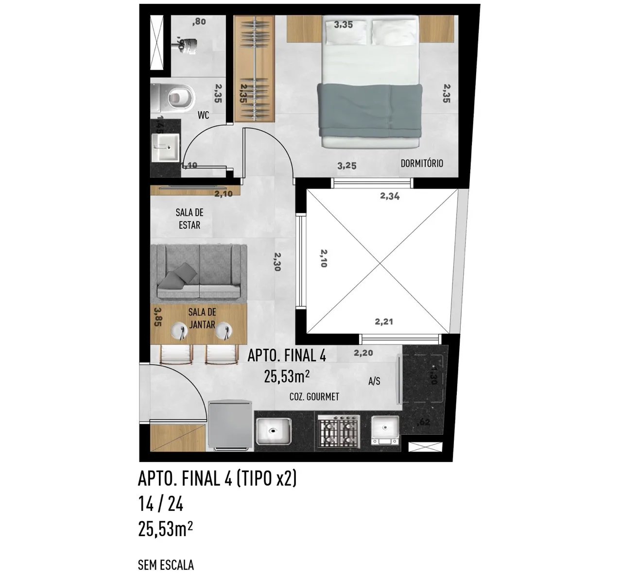 Planta do Levon em Vila Sônia — 1 dormitório, 25,53 m²