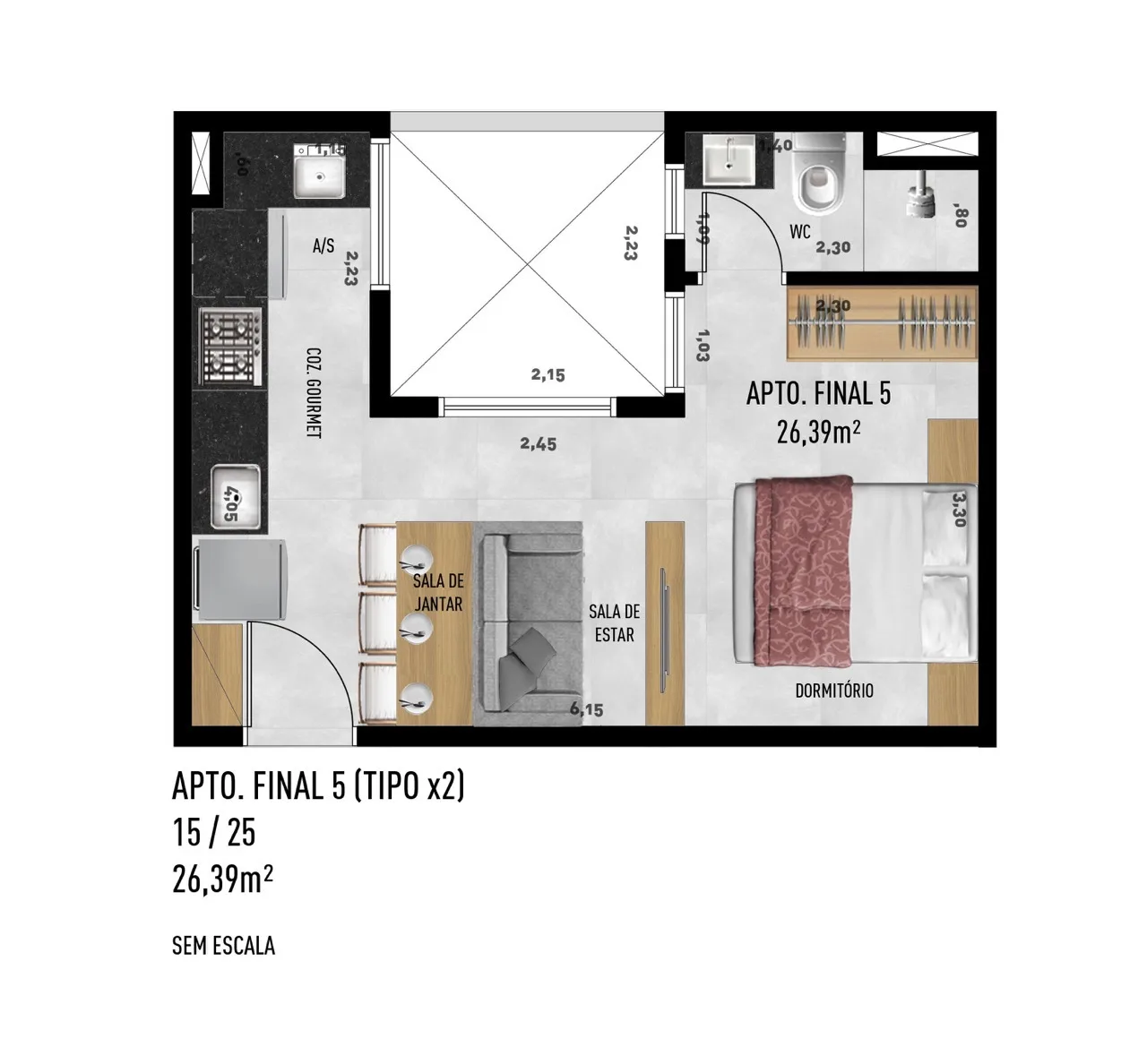 Planta do Levon em Vila Sônia — 1 dormitório, 26,39 m²