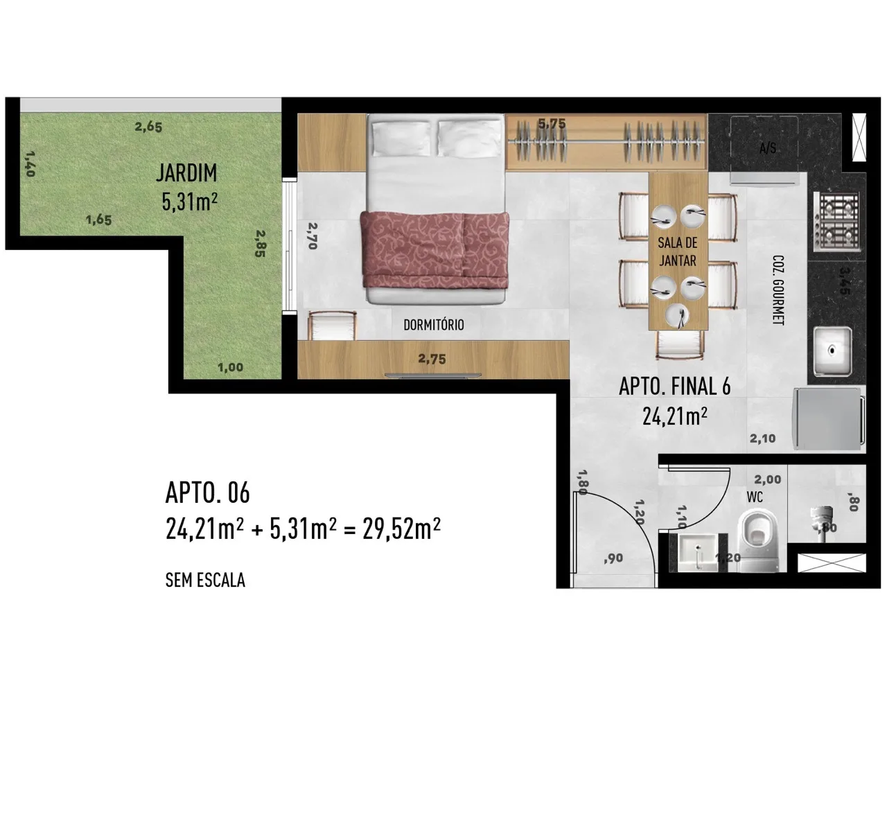 Planta do Levon em Vila Sônia — 1 dormitório, 29,52 m²