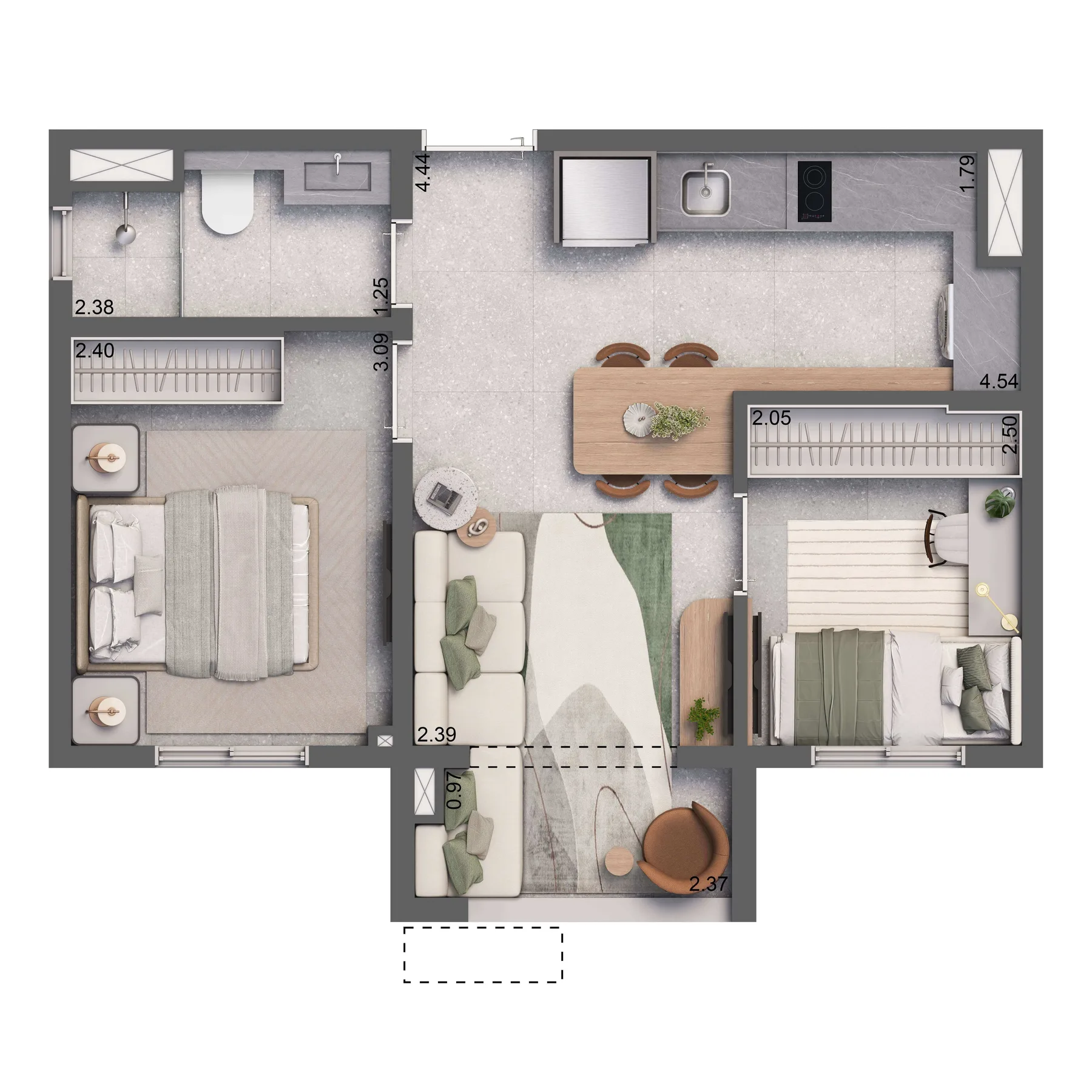 Planta do Living Full Eldorado em Pinheiros — 2 dormitórios, 37 m²